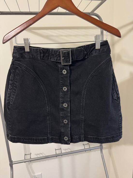 Pilcro Dresses & Skirts - Pilcro Anthropologie Black Denim Button Front Mini Skirt Belted Size 4